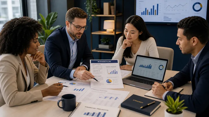 A group reviewing a business plan and financial charts